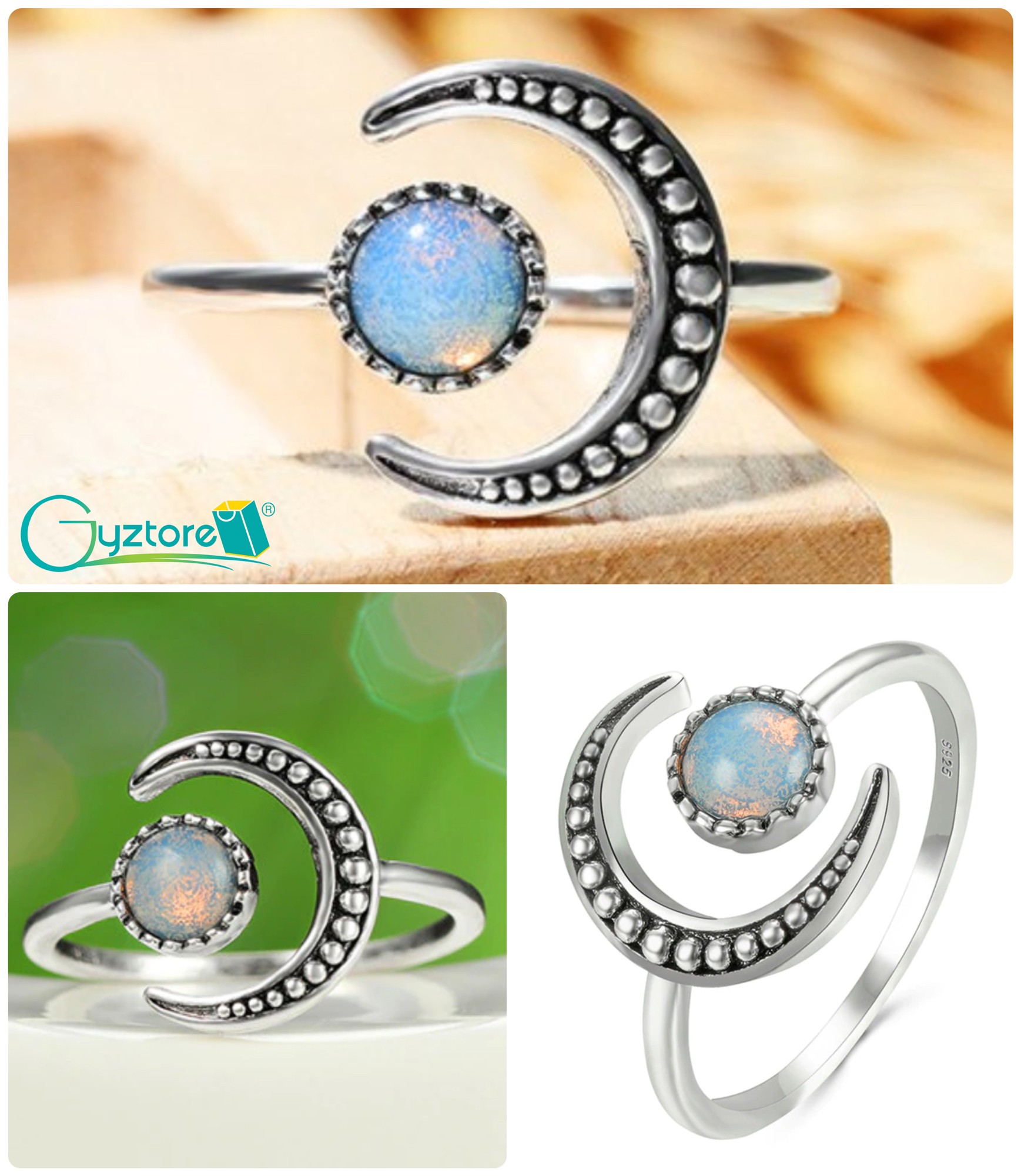 Anillo ajustable de luna con piedra tornasol