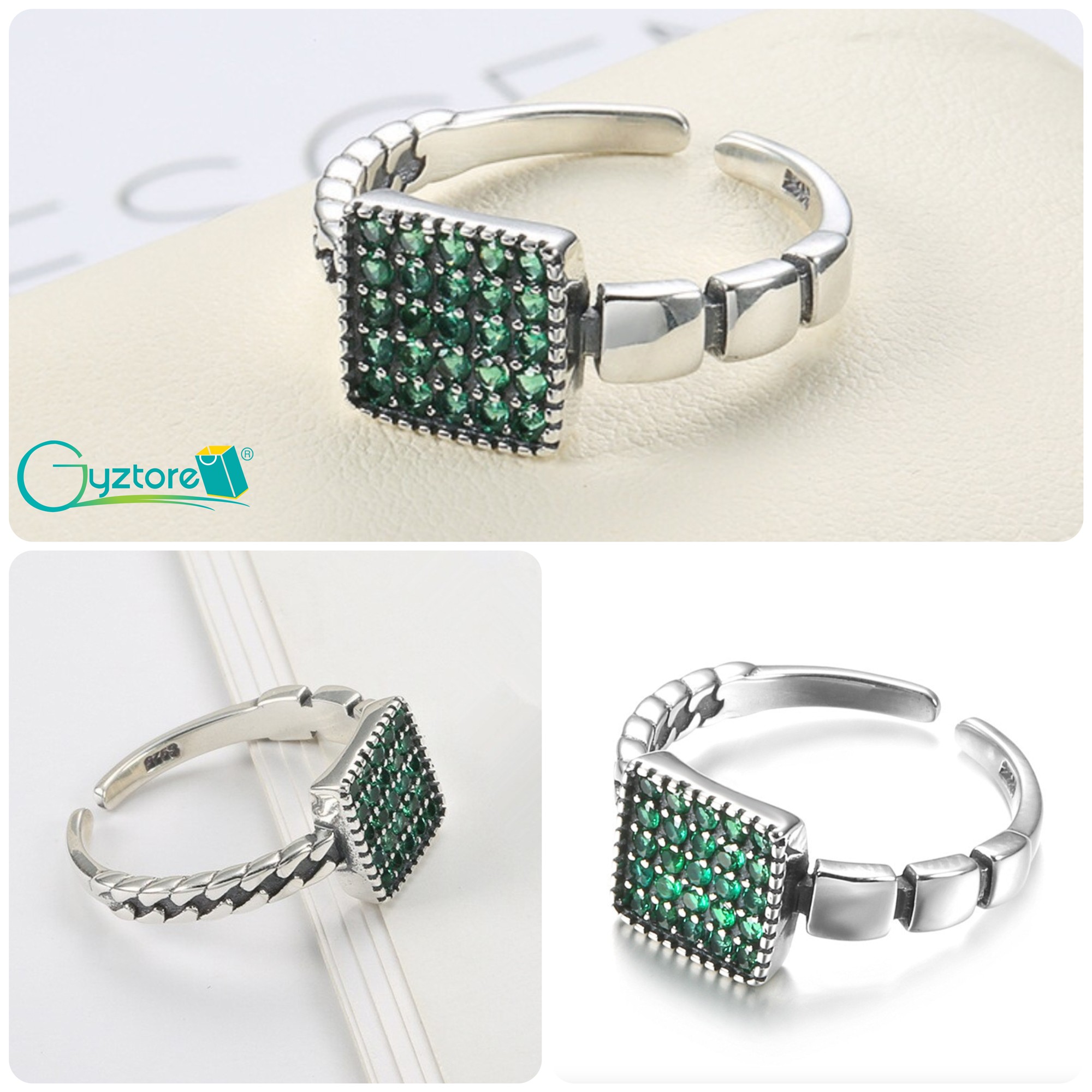 Anillo ajustable cuadrados piedras verdes, plata 925
