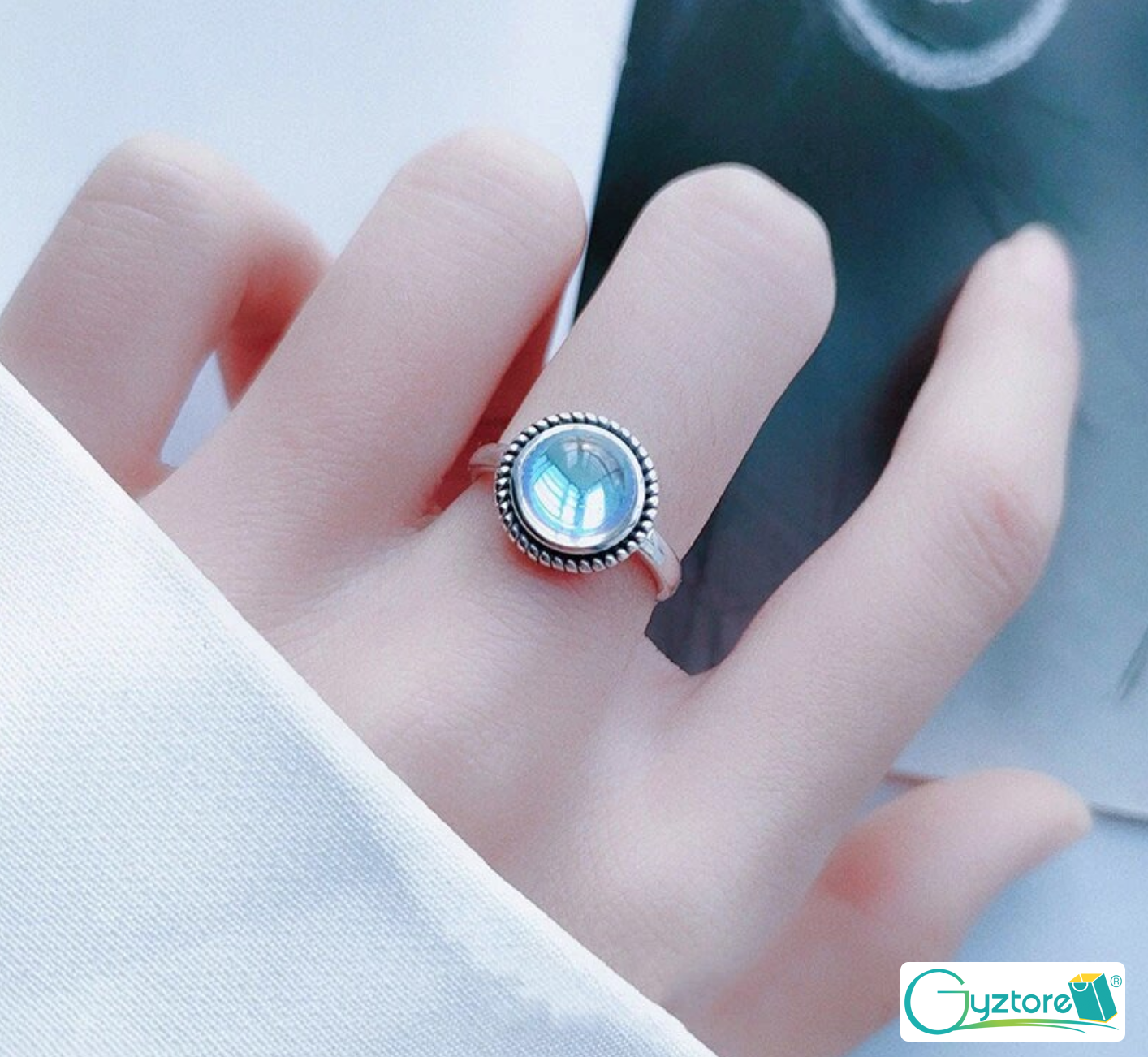 Anillo ajustable con piedra blanca redonda, plata 925