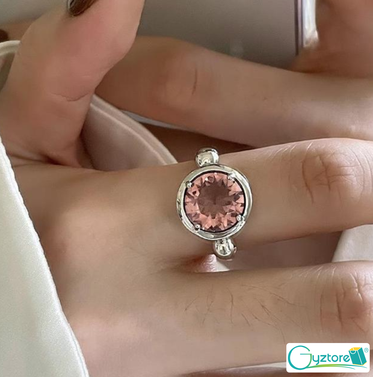 Anillo ajustable con piedra rosada redonda, plata 925